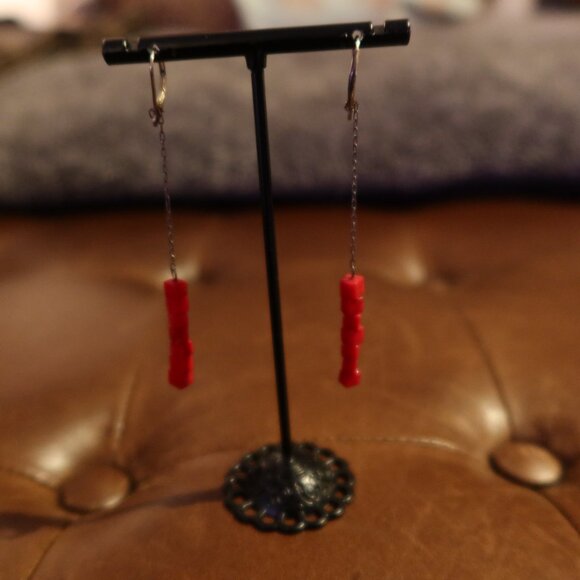 Red coral square beads & sterling silver Sherzada earrings dangle drop 3" long - Picture 4 of 10